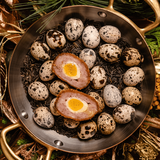 Eggs and a scotch egg in a saucepan