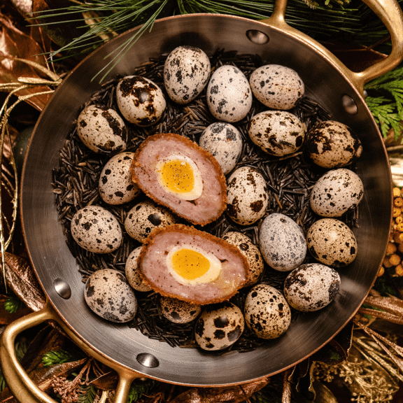 Eggs and a scotch egg in a saucepan