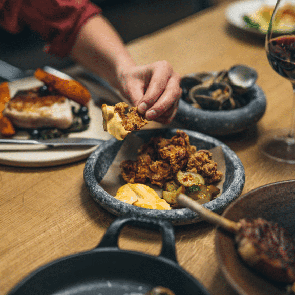 Food on a table at the Daffodil Mulligan restaurant in Shoreditch